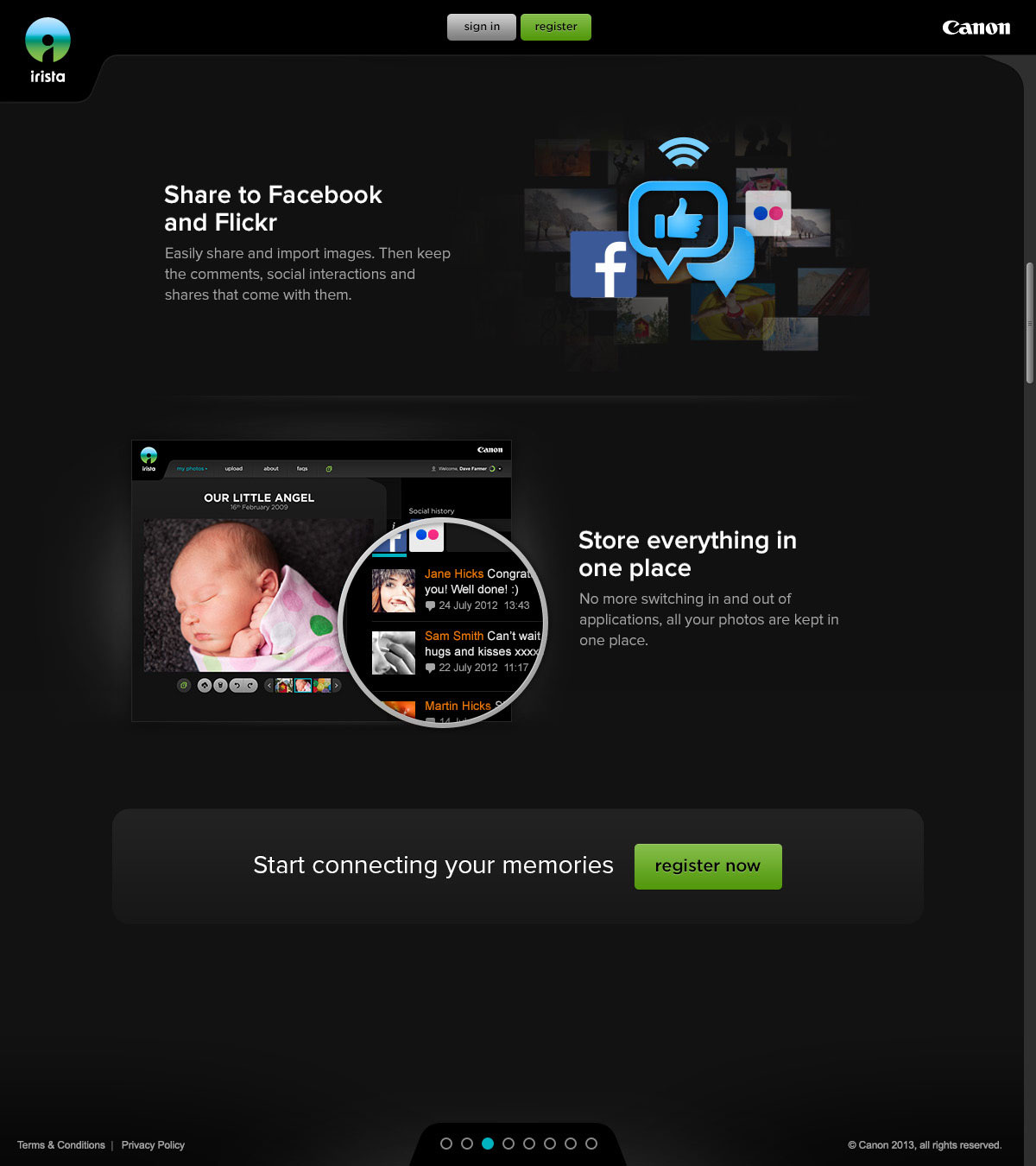 Canon irista, pantalla de interacción con redes sociales, con foto de bebé