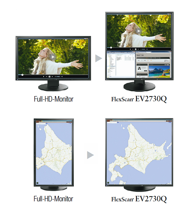 Monitor cuadrado Eizo FlexScan EV2730Q, ejemplos de aprovechamiento del área de trabajo