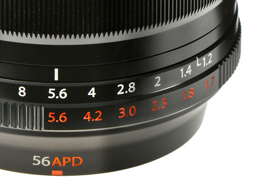 Objetivo Fujinon XF 56 mm f/1,2 R APD, apodificado: aro de valores T del filtro apodificador