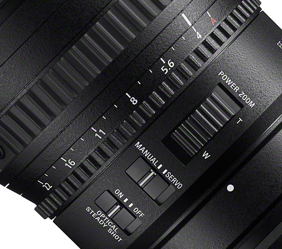 Objetivo Sony FE PZ 28-135 mm f/4 G OSS, en montura “E”; detalle de los conmutadores