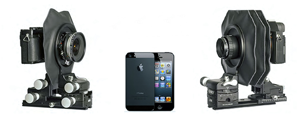 Cámara técnica Cambo Actus, comparativa de tamaño co un iPhone