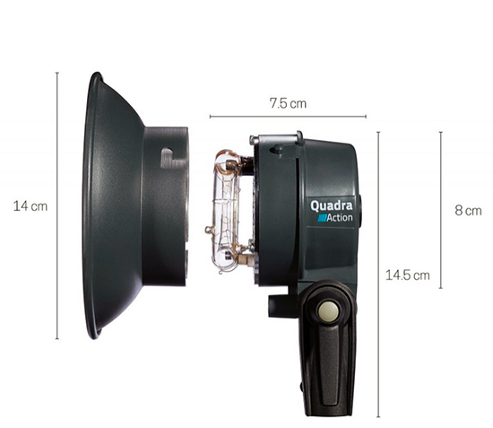 Flash profesional a baterías Elinchrom ELB 400: antorcha Quadra Action con reflector; dimensiones