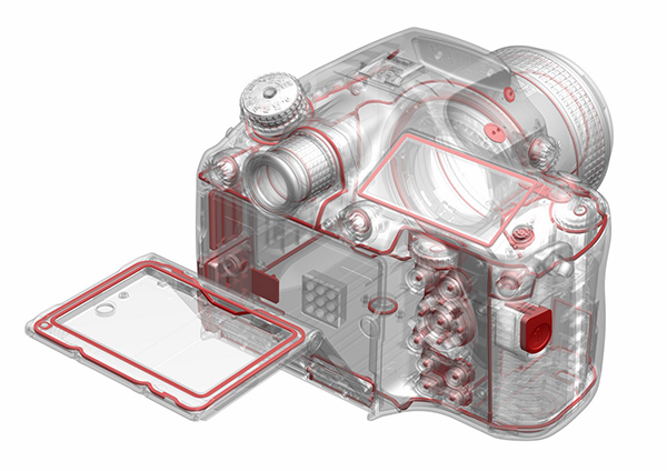 Cámara Pentax 645Z, modelo translúcido con juntas de sellado