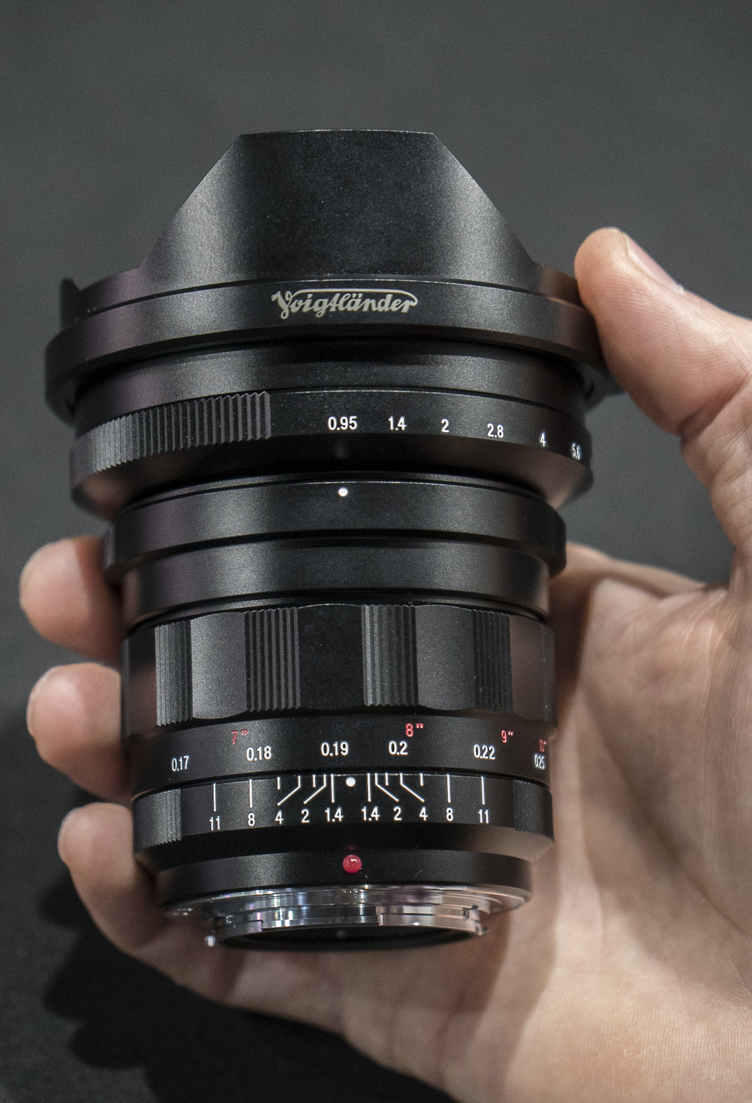 Voigtländer Nokton 10,5 mm f/0,95, sostenido en una mano