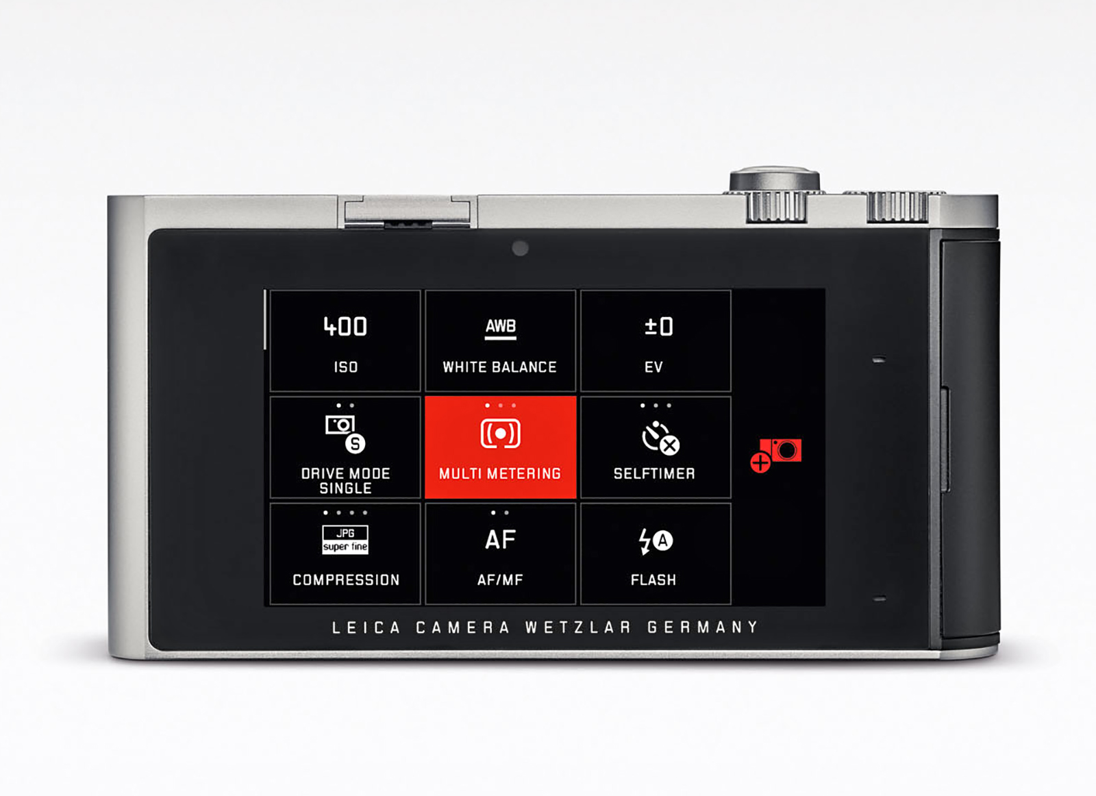 Leica T, vista posterior con pantalla táctil en modo menú "MyCamera"