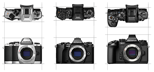 Cuadro de proporciones respectivas (de izquierda a derecha) entre los modelos E-M10, E-M5 Mark II y E-M1
